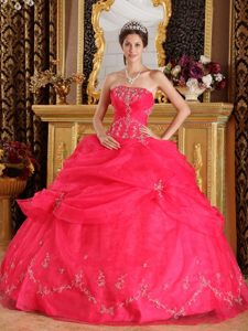 Trendy Strapless Appliques Sweet 15 Dresses Coral Red Lace up Back