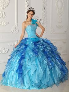 Blue One Shoulder Sweet 15 Dresses with Beading and Ruffles