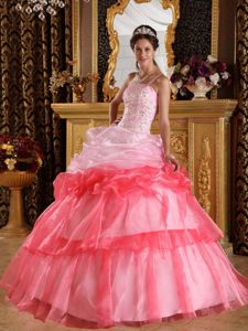 Pink and Watermelon One Shoulder Sweet 15 Dresses with Appliques