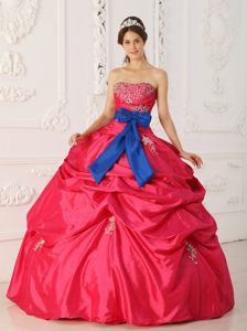 Appliqued Hot Pink Sweet 15 Dresses with Blue Bowknot Sash 2014