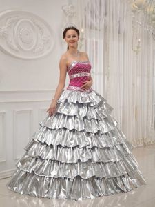 Hot Pink and Silver Sweet 15 Dresses with Beading and Ruffled Layers
