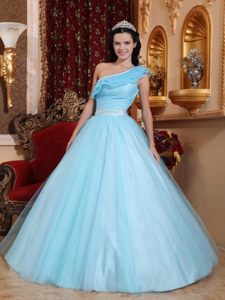 Light Blue One Shoulder Tulle Quinceanera Gown Dress with Sash