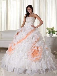 Appliqued and Ruffled Quinceanera Gown Dresses in White and Orange
