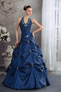 Navy Blue a Line Halter Quinceanera Gown with Appliques Pick ups