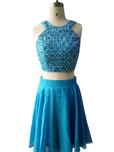 A-line Prom Dresses Teal Scoop Chiffon Sleeveless Knee Length Zipper