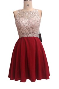 Wine Red Chiffon Zipper Scoop Sleeveless Knee Length Prom Dress Sequins