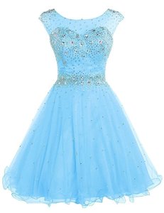 High End Knee Length Zipper Prom Party Dress Baby Blue and In for Prom and Party with Beading