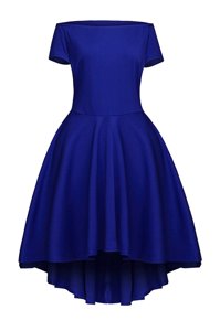 Blue Short Sleeves Ruching Tea Length Prom Evening Gown