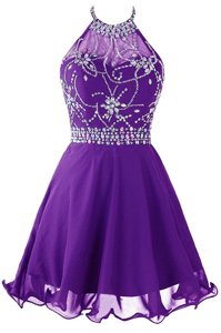 Eye-catching Halter Top Purple Zipper Prom Dress Beading Sleeveless Mini Length