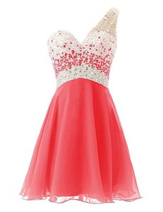 Watermelon Red Chiffon Criss Cross One Shoulder Sleeveless Knee Length Prom Dresses Beading