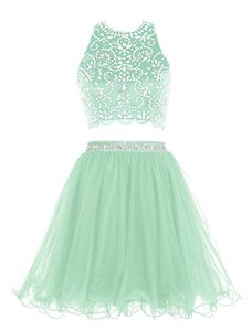 Halter Top Sleeveless Organza Mini Length Clasp Handle Evening Dress in Apple Green for with Beading