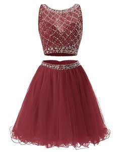 Burgundy Side Zipper Sweetheart Beading and Belt Homecoming Dress Organza Sleeveless