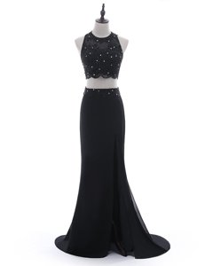 Colorful With Train Black Prom Dresses Scoop Sleeveless Brush Train Side Zipper