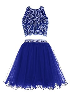 Fashion Royal Blue Chiffon Criss Cross Scoop Sleeveless Mini Length Prom Dress Beading