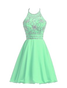 Customized Halter Top Beading Prom Dresses Apple Green Zipper Sleeveless Knee Length