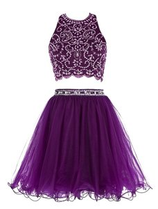 High End Purple Empire Chiffon Scoop Sleeveless Beading Mini Length Clasp Handle Prom Gown
