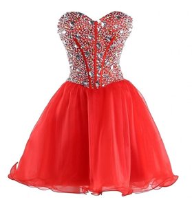 Dramatic Coral Red Ball Gowns Organza Sweetheart Sleeveless Beading Mini Length Lace Up Prom Evening Gown