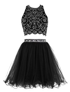 Deluxe Mini Length Black Evening Dress Scoop Sleeveless Clasp Handle