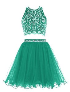 Fabulous Green Empire Chiffon Scoop Sleeveless Beading Mini Length Clasp Handle Evening Dress