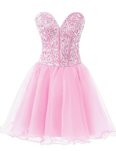 Rose Pink Sleeveless Knee Length Beading Lace Up Evening Dress