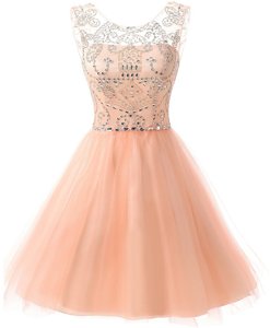 Latest Peach A-line Scoop Sleeveless Chiffon Knee Length Zipper Beading Prom Dress