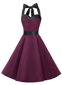 Exceptional Halter Top Dark Purple Zipper Evening Dress Sashes|ribbons Sleeveless Knee Length