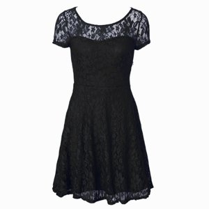 Shining Black Empire Organza Scoop Short Sleeves Lace Tea Length Side Zipper Prom Dress