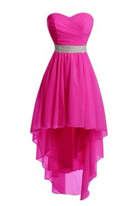Hot Pink Sleeveless Belt High Low Prom Party Dress