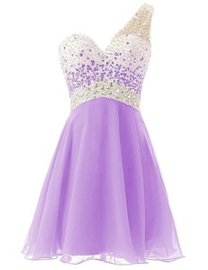 One Shoulder Lavender A-line Beading Dress for Prom Criss Cross Chiffon Sleeveless Knee Length