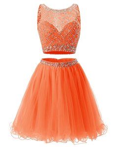 Orange A-line Organza Scoop Sleeveless Beading and Belt Mini Length Backless Prom Party Dress