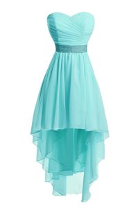 Spectacular Aqua Blue Sleeveless Ruching and Belt High Low Prom Gown