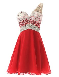 Cheap Red A-line Chiffon One Shoulder Sleeveless Beading Knee Length Criss Cross Prom Gown