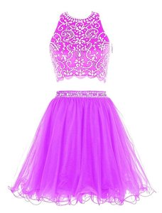 Captivating Purple Empire Scoop Sleeveless Chiffon Mini Length Clasp Handle Beading Prom Evening Gown