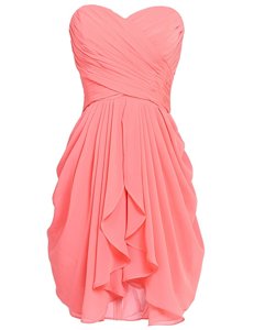 Sleeveless Chiffon Knee Length Lace Up Prom Dress in Watermelon Red for with Ruching