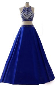 Spectacular Royal Blue Chiffon Zipper Scoop Sleeveless Floor Length Evening Dress Beading