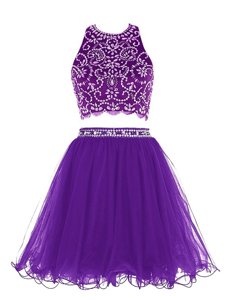 Beautiful Scoop Purple Clasp Handle Prom Party Dress Beading Sleeveless Mini Length