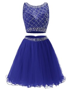 Classical Scoop Royal Blue Side Zipper Prom Evening Gown Beading and Belt Sleeveless Mini Length