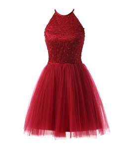 Scoop Sleeveless Knee Length Beading Zipper Homecoming Dress with Wine Red