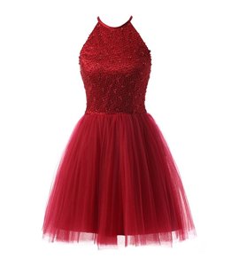 Scoop Sleeveless Knee Length Beading Zipper Homecoming Dress with Wine Red
