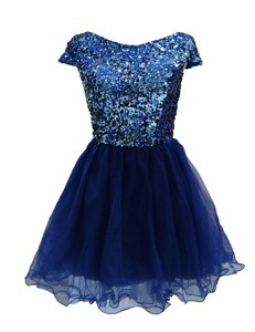 Sequins Mini Length Navy Blue Prom Dress Bateau Cap Sleeves Zipper