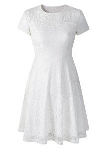 Scoop White Short Sleeves Lace Tea Length Evening Dress