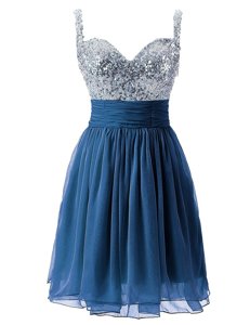 Navy Blue Zipper Prom Evening Gown Beading Sleeveless Knee Length