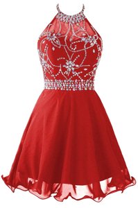 Amazing Halter Top Sleeveless Mini Length Beading Zipper Prom Dress with Hot Pink