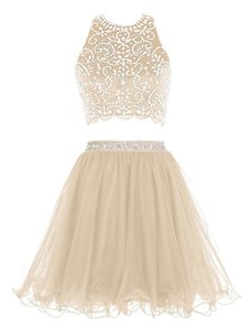 Customized Champagne Backless Scoop Beading Prom Evening Gown Chiffon Sleeveless