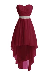 Latest High Low Lace Up Prom Evening Gown Burgundy and In for Prom and Party with Belt