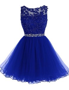 Artistic Scoop Beading and Lace Dress for Prom Royal Blue Zipper Sleeveless Knee Length