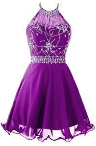 Nice Halter Top Sleeveless Prom Dresses Mini Length Beading Purple Organza