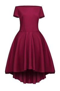 Modern Burgundy Short Sleeves Ruching Tea Length Homecoming Dress