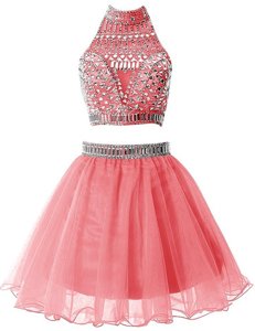 Traditional Watermelon Red A-line High-neck Sleeveless Chiffon Mini Length Zipper Beading Dress for Prom