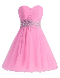 Superior Rose Pink Prom Gown Prom and Party and For with Beading and Ruching Sweetheart Sleeveless Lace Up